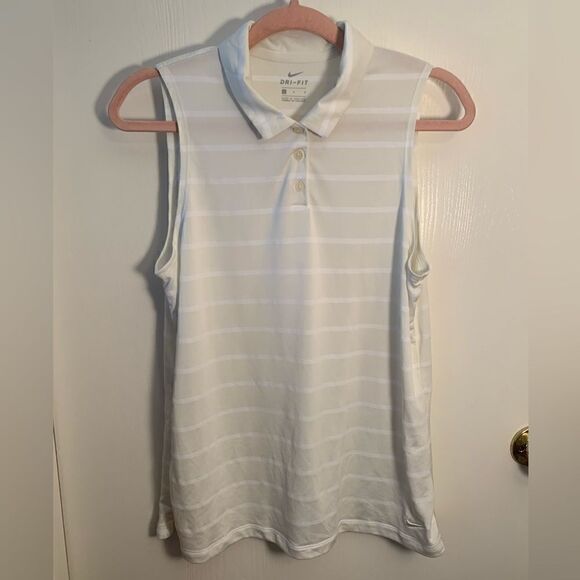 Nike EUC beige/white striped Dri-fit sleeveless victory polo Size Large - Picture 1 of 6